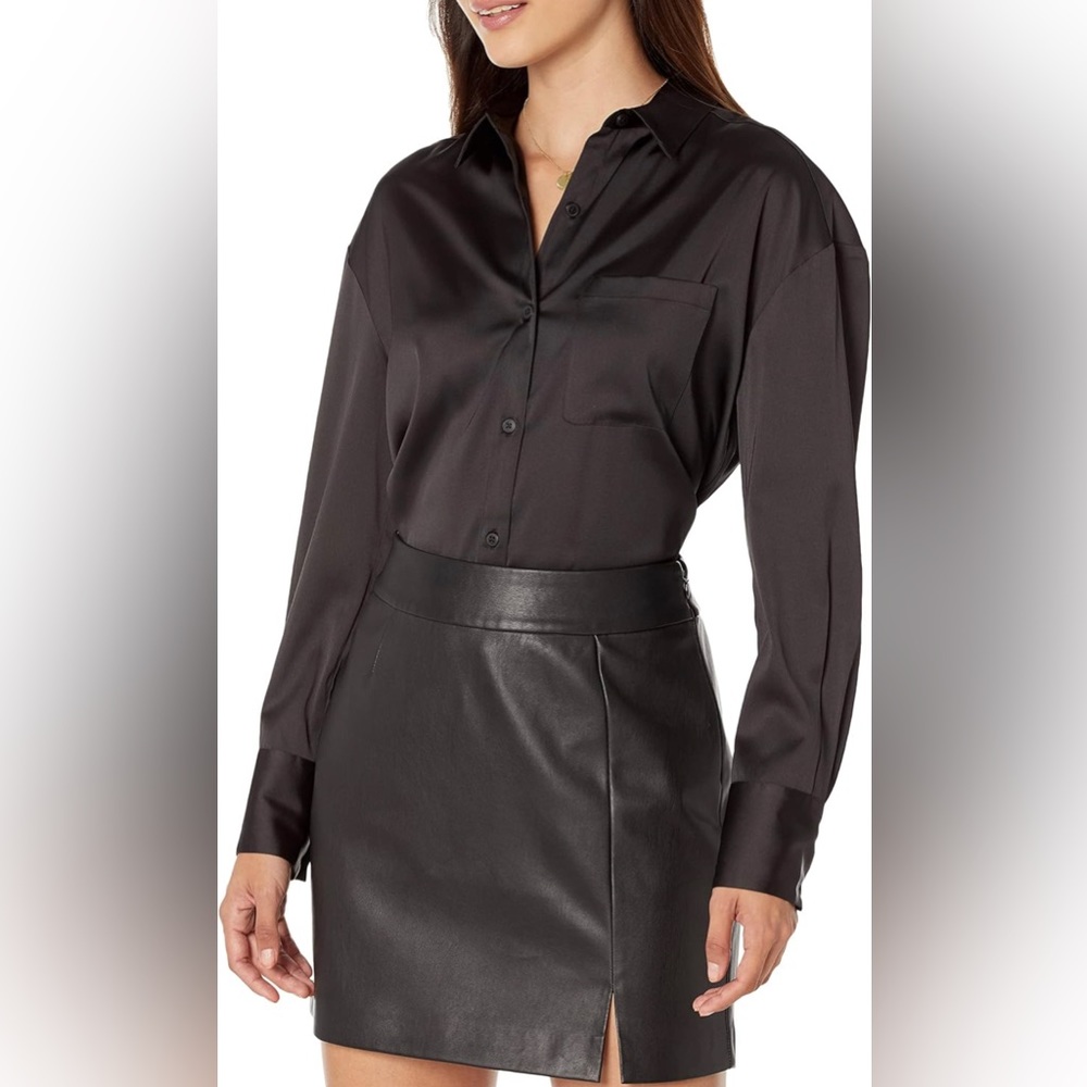 Silky Drop-shoulder Black Button Down Blouse